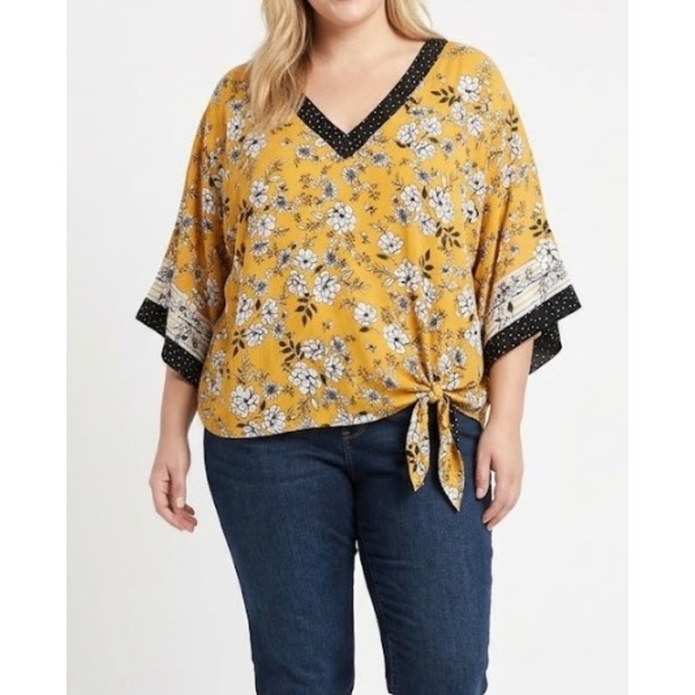 Democracy Kimono Top XL Yellow Floral V-Neck Tie Front Soft Rayon Boho Blouse